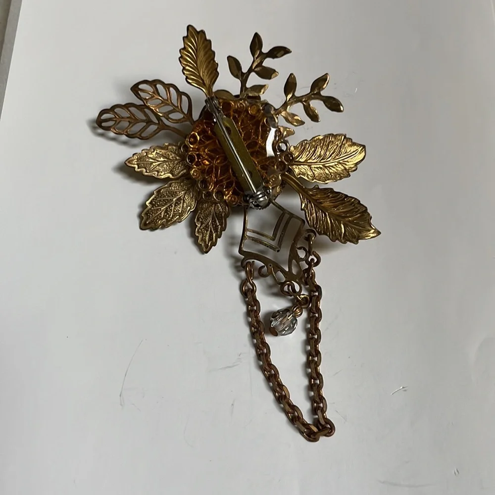 Vintage Gold Floral Rose Brooch with Chain and Clear Crystal